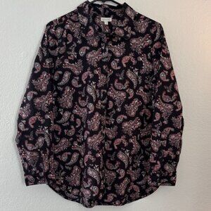 [New] Garnet Hill (6) Black and Pink Paisley Button Down Roll Up Cuff Shirt